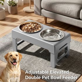 Elevated Pet Bowl for Dogs and Cats, Raised Food and Water Bowl with Stainless Steel Bowls, Adjustable Height Feeding Station for Neck Protection (Color: Grey)